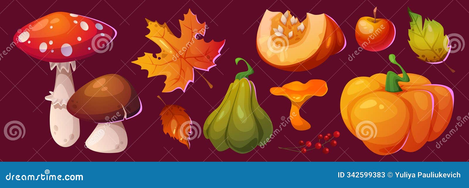 autumn leaves icon. fall pumpkin and mushroom set