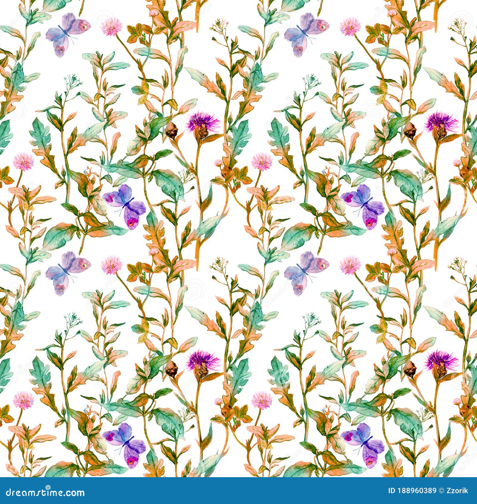 autumn meadow, prairie. floral sprigs, flowers. vintage seamless spacial pattern. watercolor
