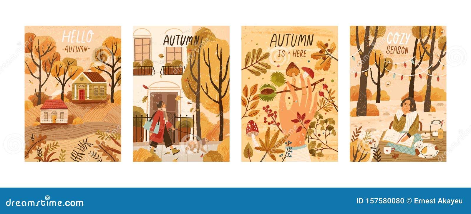 autumn mood hand drawn poster templates set. fall season nature flat  s. people enjoying cozy pastime
