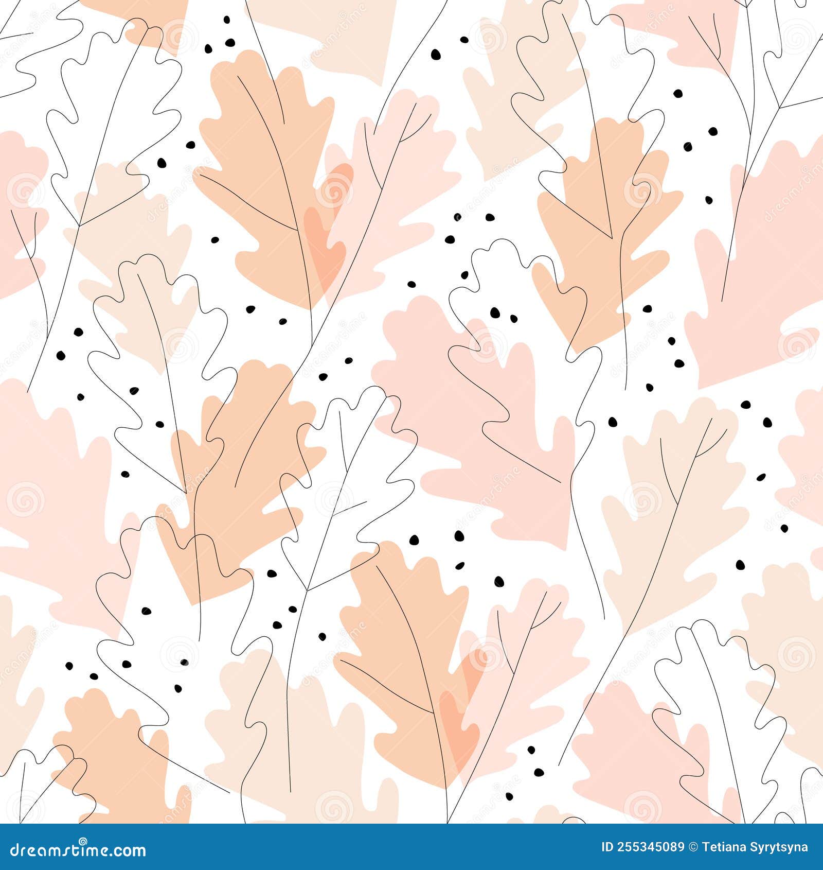 autumn oak leaves silhouettes, continuous line art seamless pattern