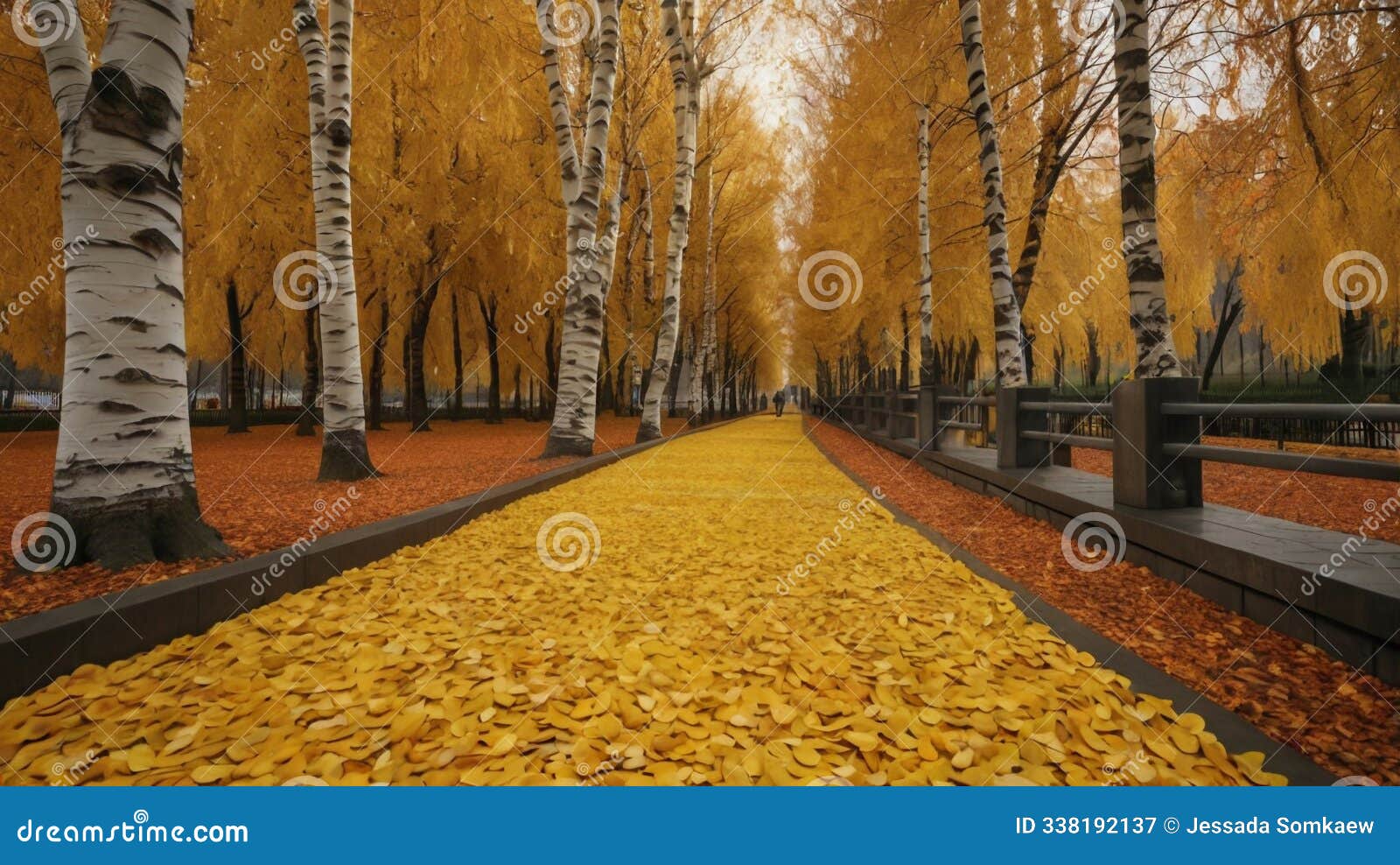 autumn pathway with golden leaves in serene forest