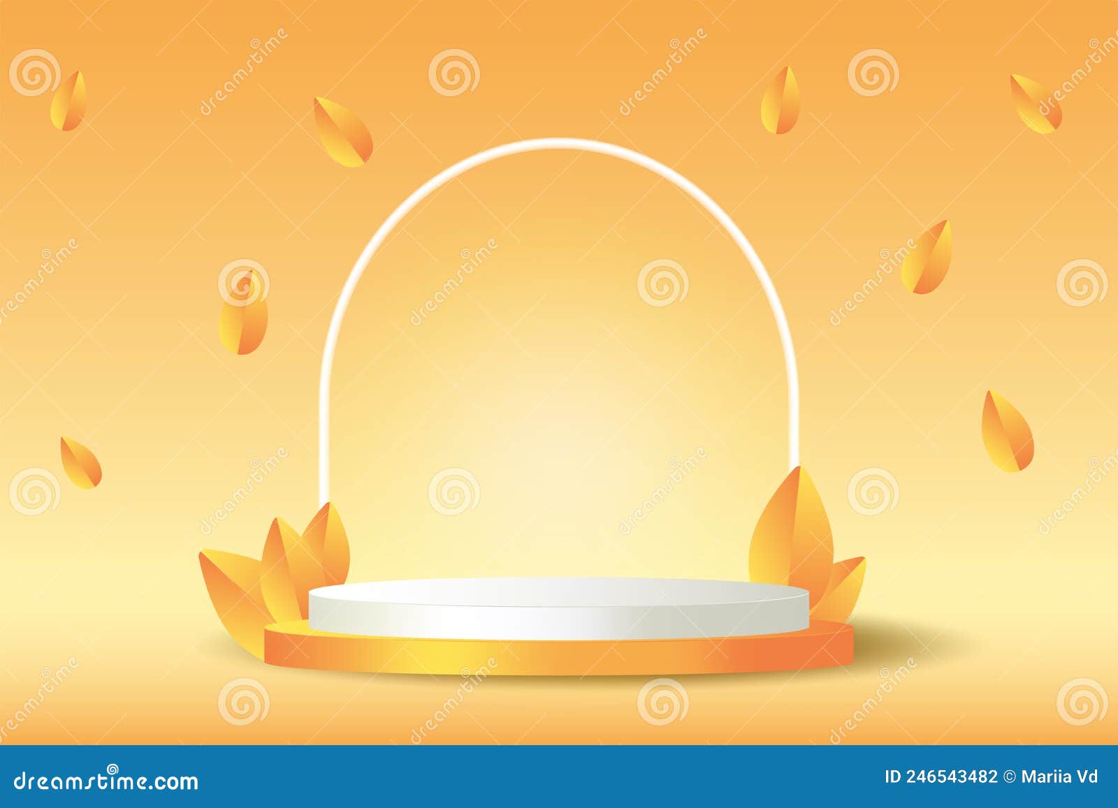 autumn podium with white arc and leaves. 3d render orange product display scene.  thanksgiving platform for sale