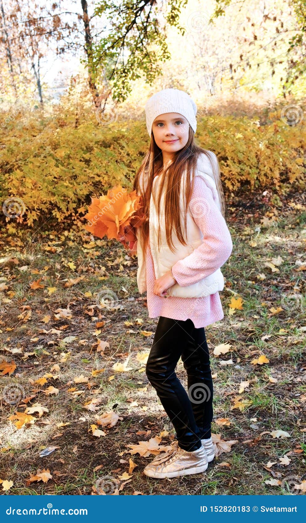 Autumn Portrait of Adorable Smiling Little Girl Child with Leaves Stock ...