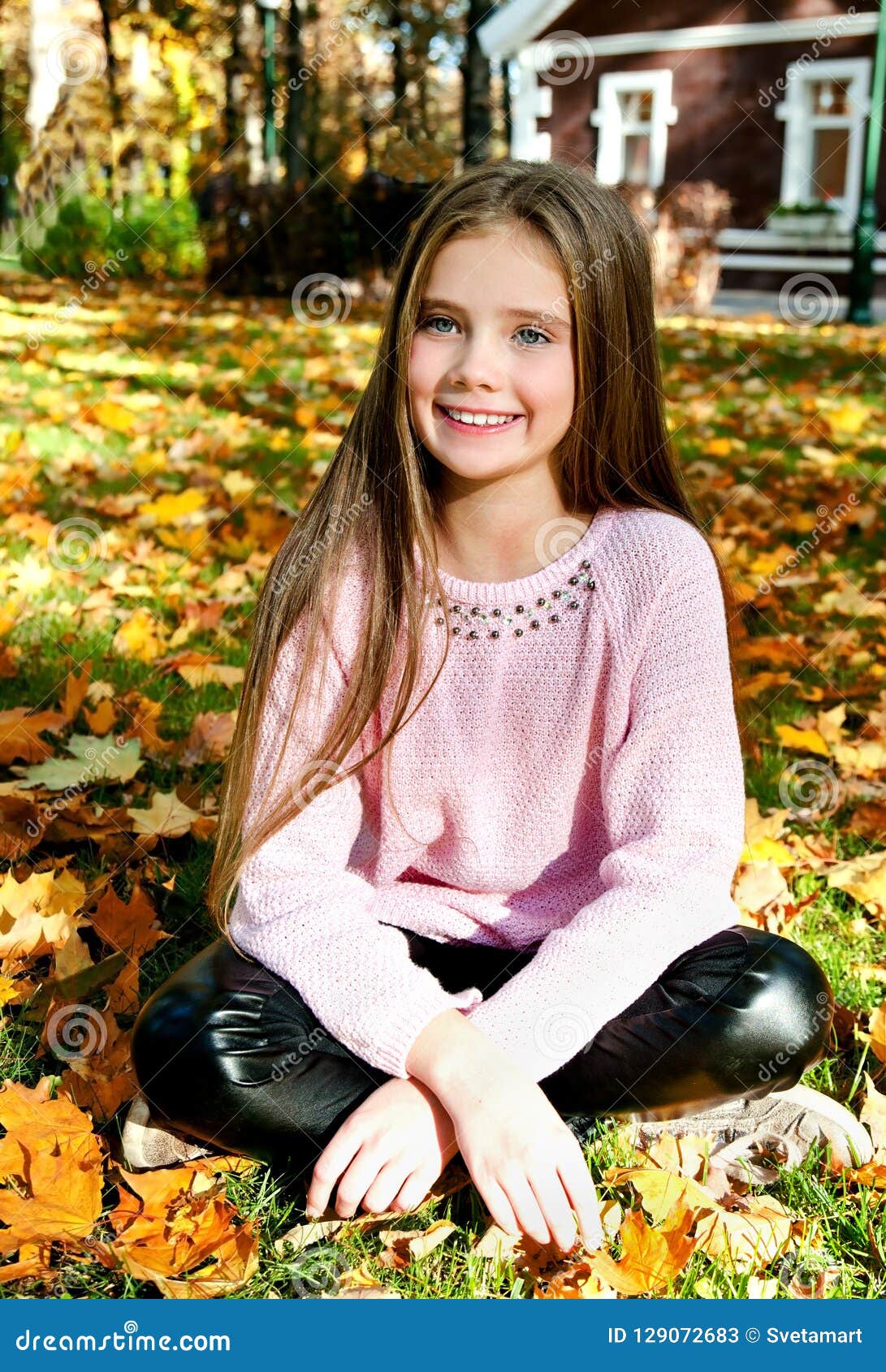 Autumn Portrait of Adorable Smiling Little Girl Child with Leav Stock ...