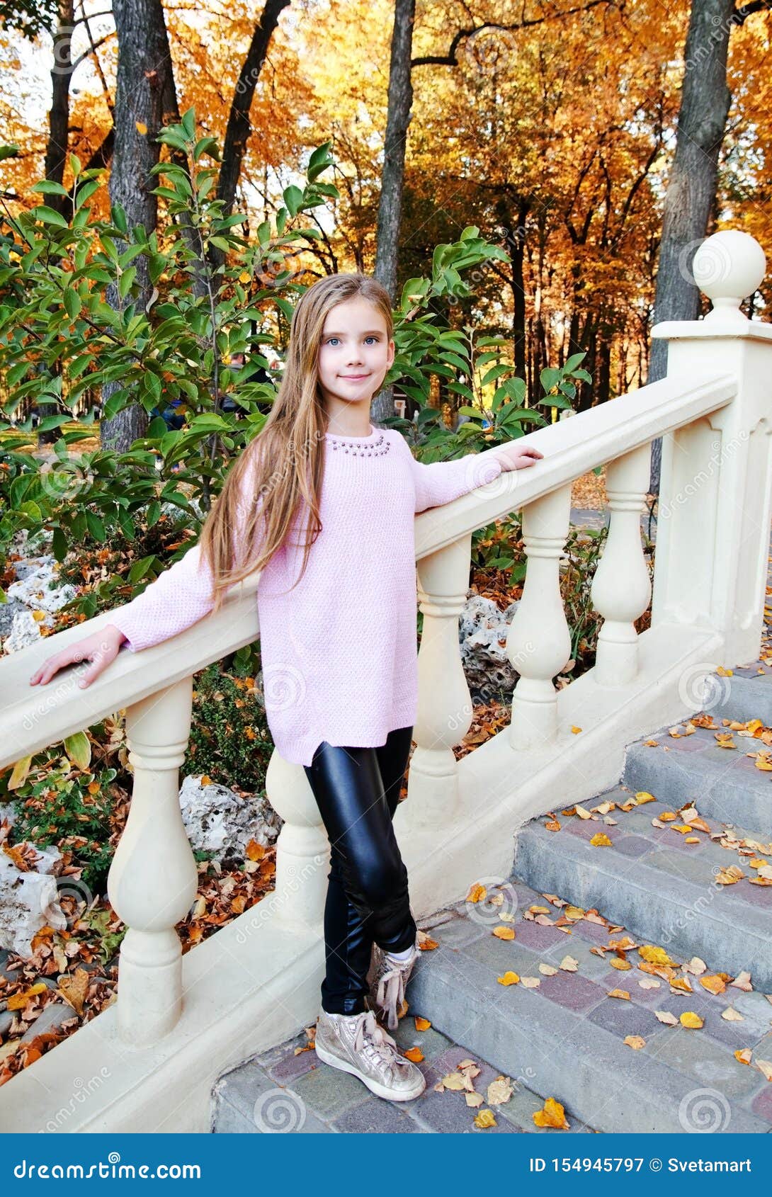 Autumn Portrait of Adorable Smiling Little Girl Child Standing Stock ...