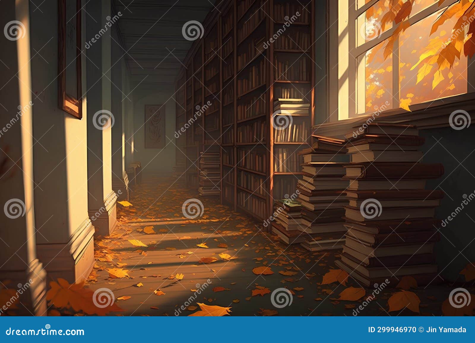 Autumn Scene with Books in the Library. 3d Render Stock Illustration Illustration of interior
