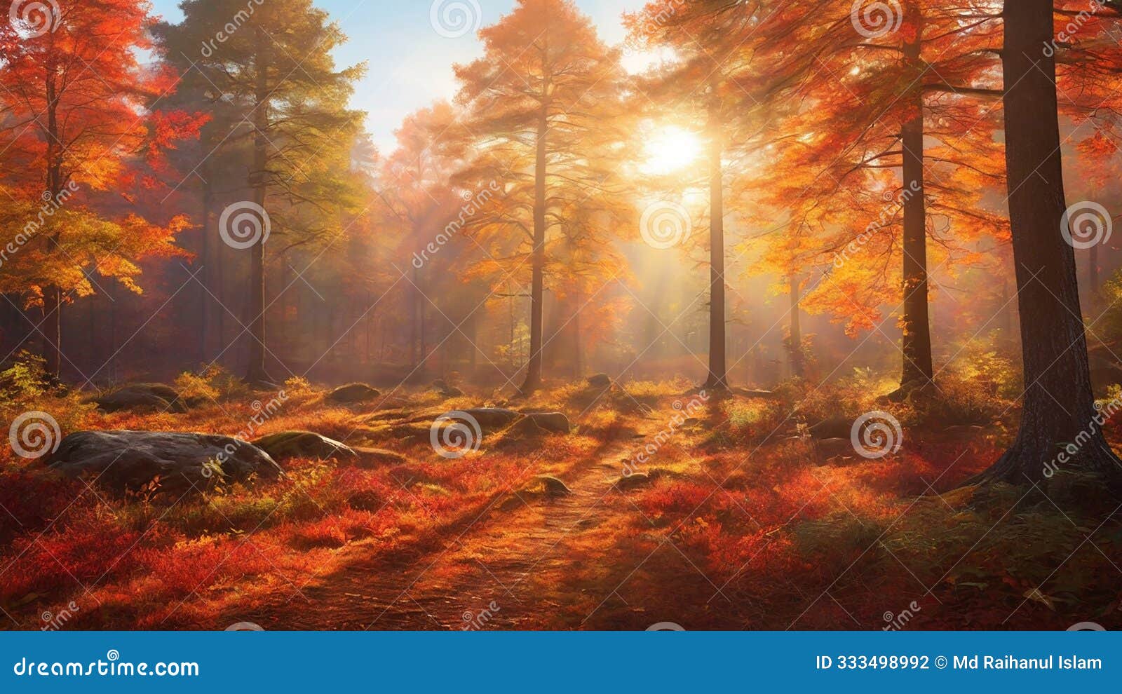 a autumn scene with a colorful forrest bathed in the warm glow of sunrise.