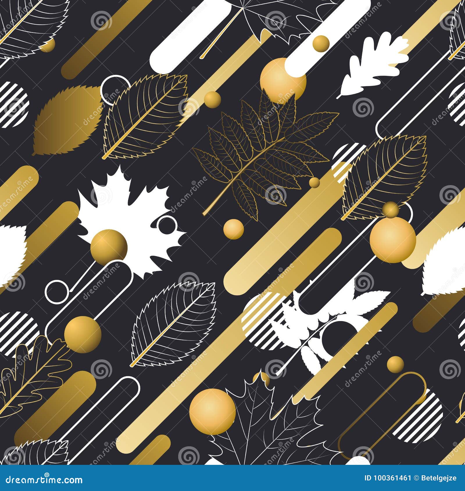 autumn seamless pattern in golden, black and white colors.