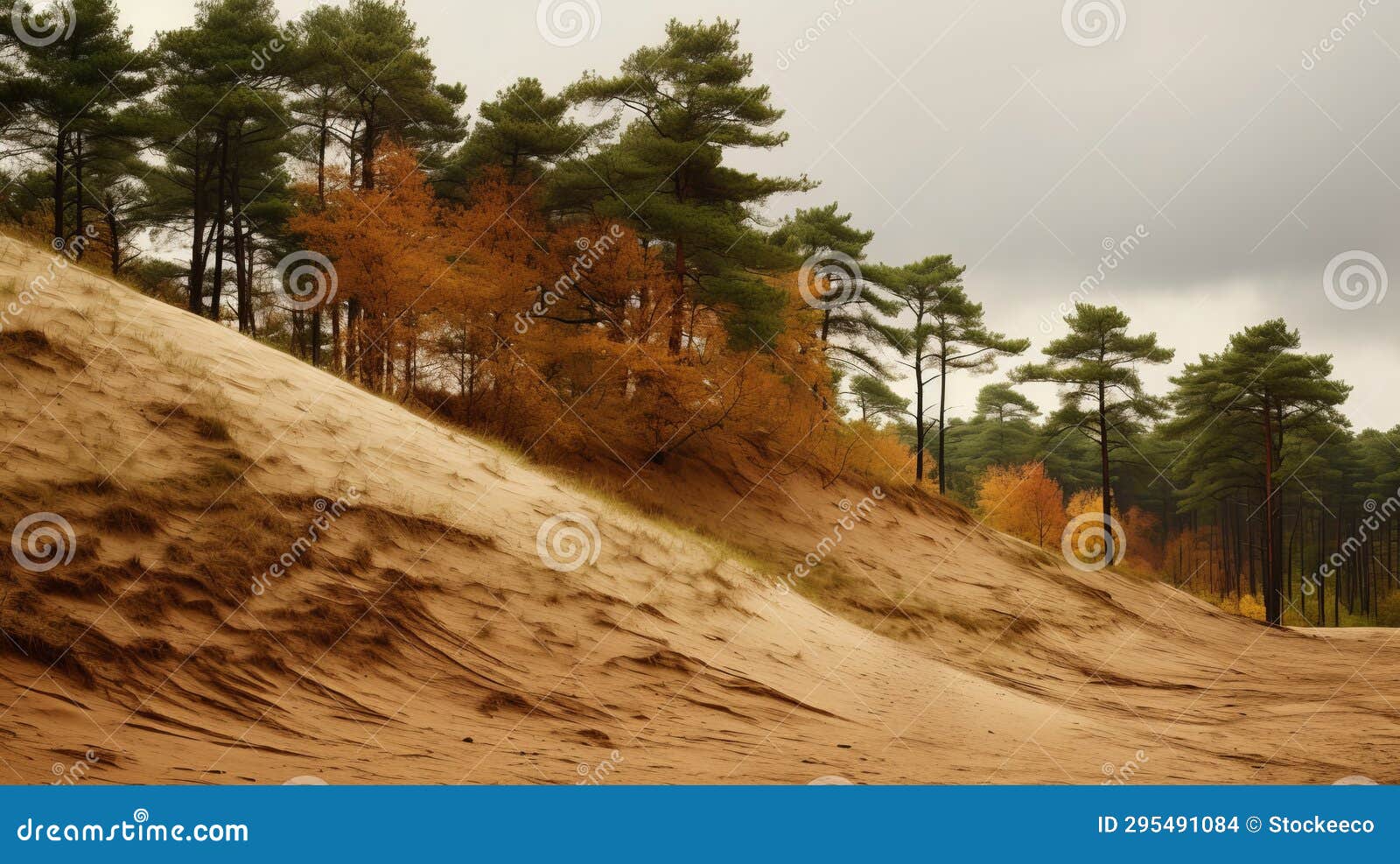 autumn sky: sand dunes and woods in dark beige and light amber