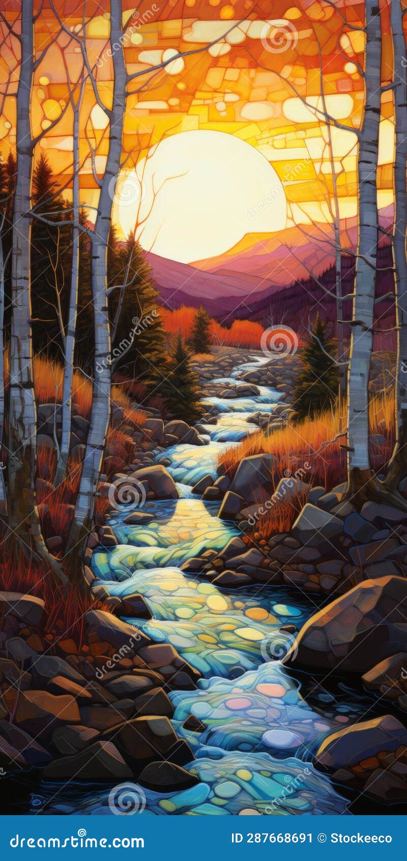 autumn sunset over stream: hyper detailed artwork inspired by erin hanson