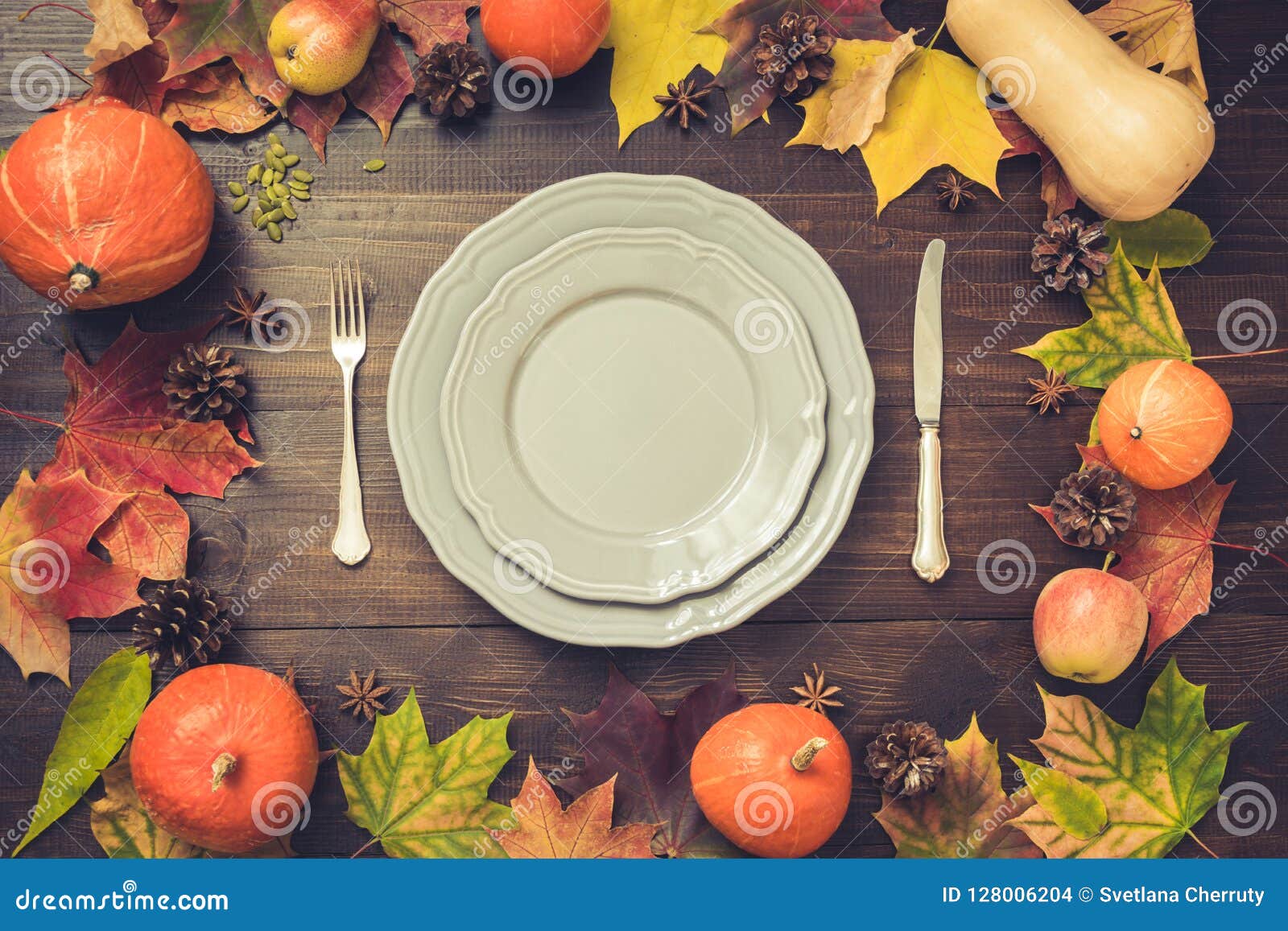 Autumn and Thanksgiving Day Table Setting with Fallen Leaves, Pumpkins ...