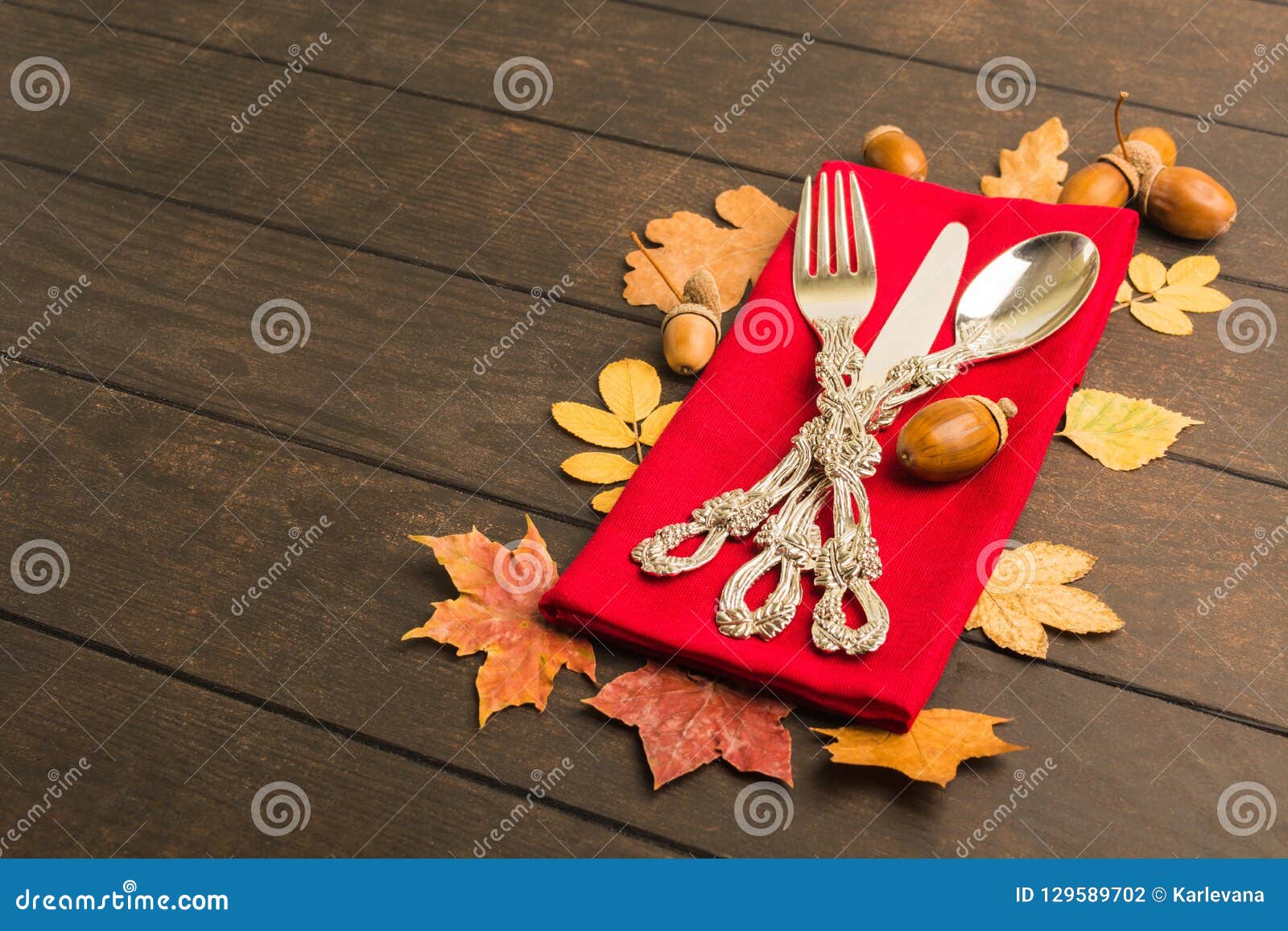 Autumn Thanksgiving Table with Tableware and Red Tissue Stock Photo ...