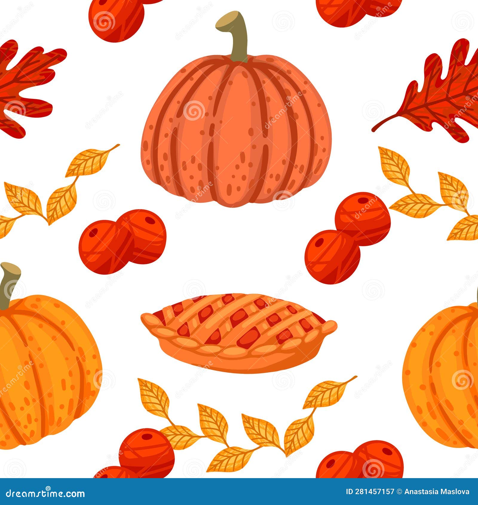 autumn theme seamless pattern with pumpkin pie and leaves  