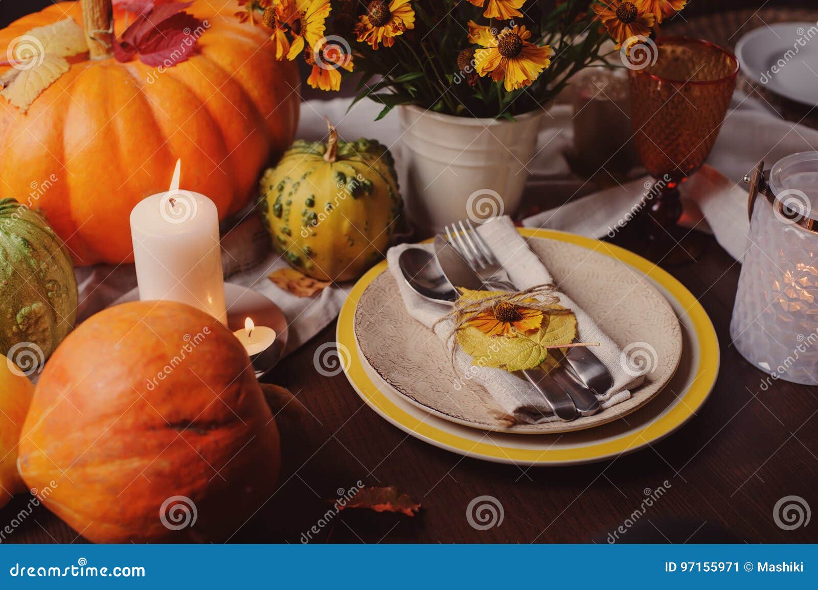 Autumn Traditional Seasonal Table Setting at Home with Pumpkins ...