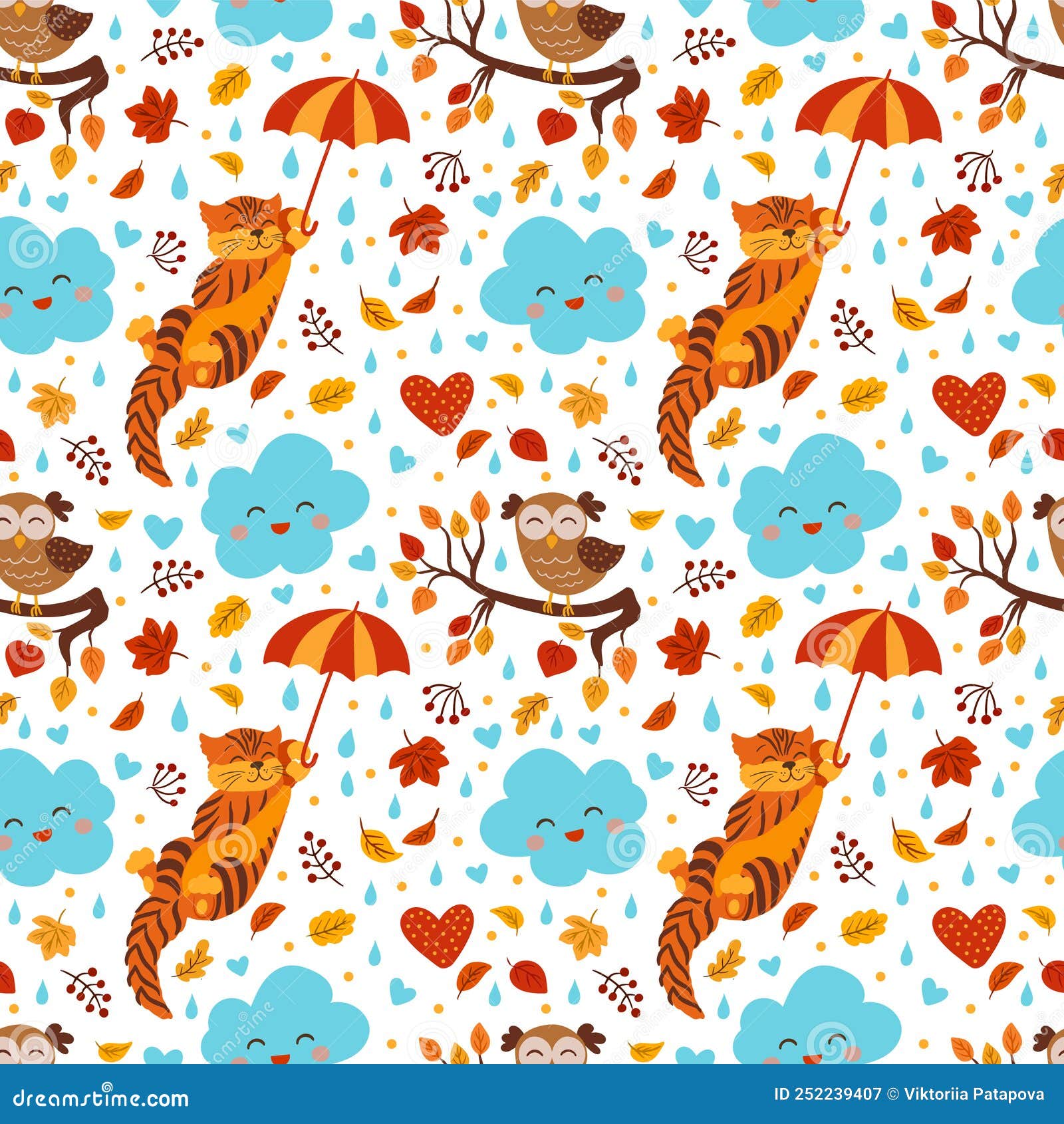 autumn  seamless pattern with cutecat, owl, mushrooms and falling leaves