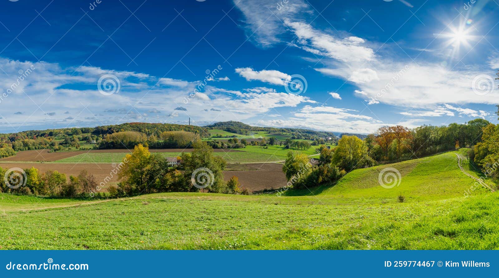 autumn view of the vineyards in the jeker valley in maastricht with an beautiful cloudscape with fluffy clouds of a rolling hill l