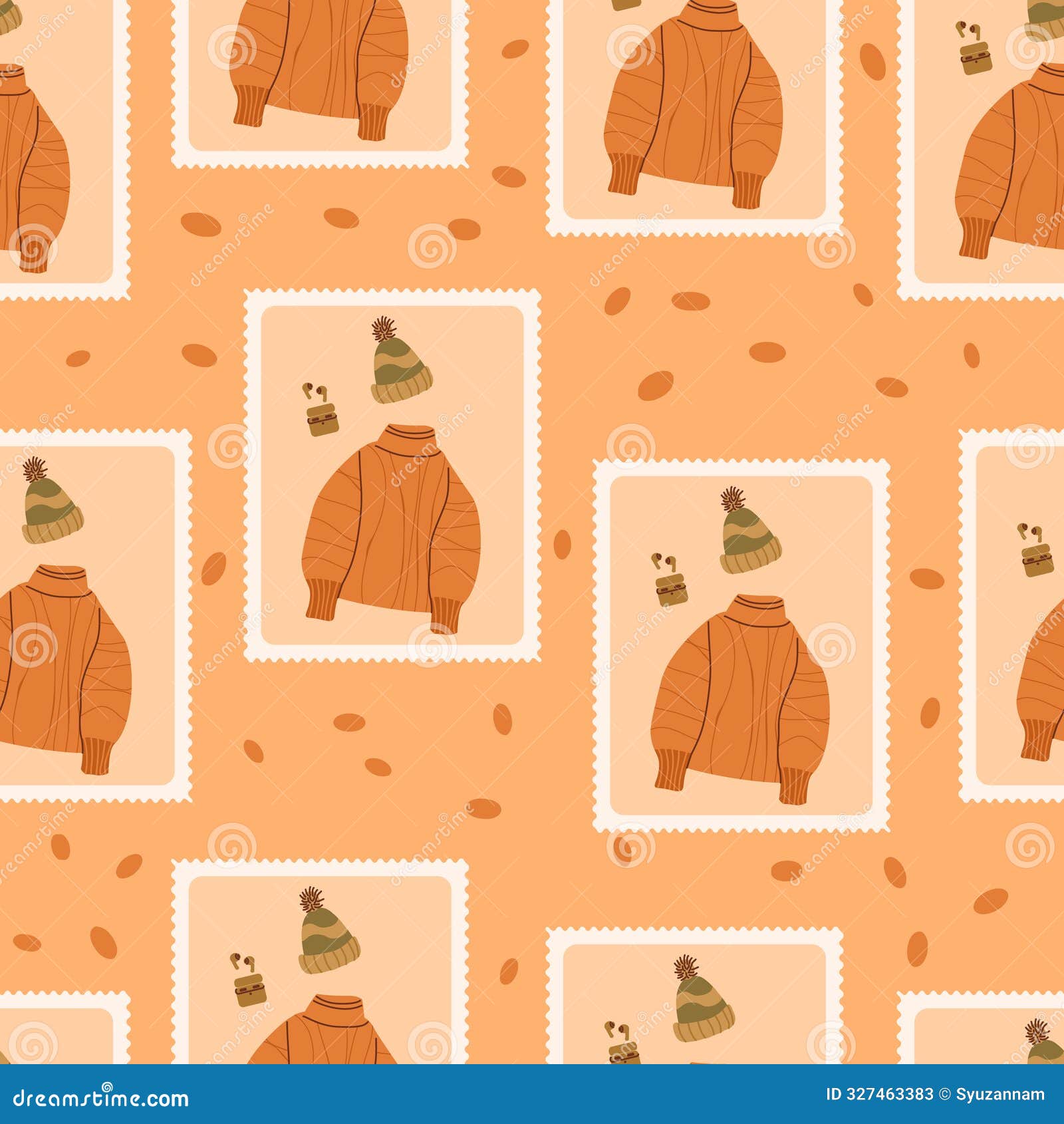 autumnal sad checked seamless pattern. bento box autumn sweater and beanie repeat background. fall loneliness retro stamps endless