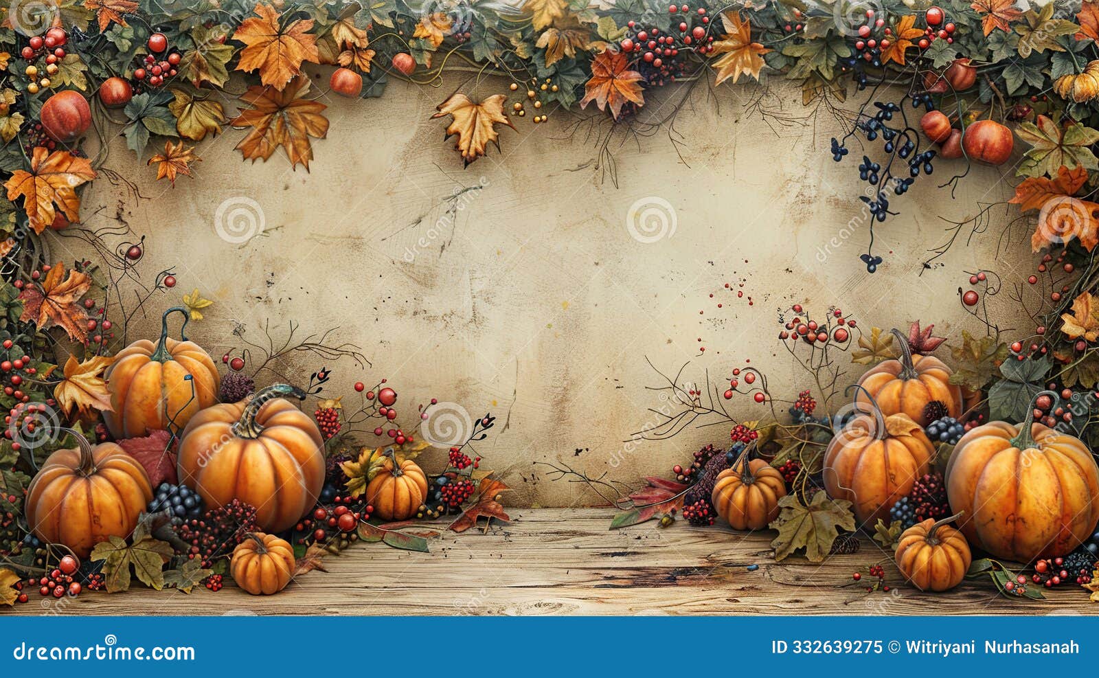 autumnal still life with pumpkins and fall foliage