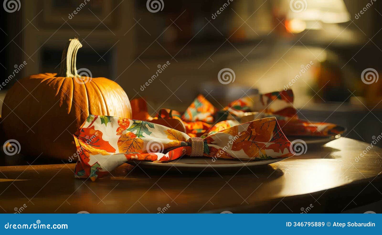 autumnal table setting with pumpkin and leaf-patterned napkins