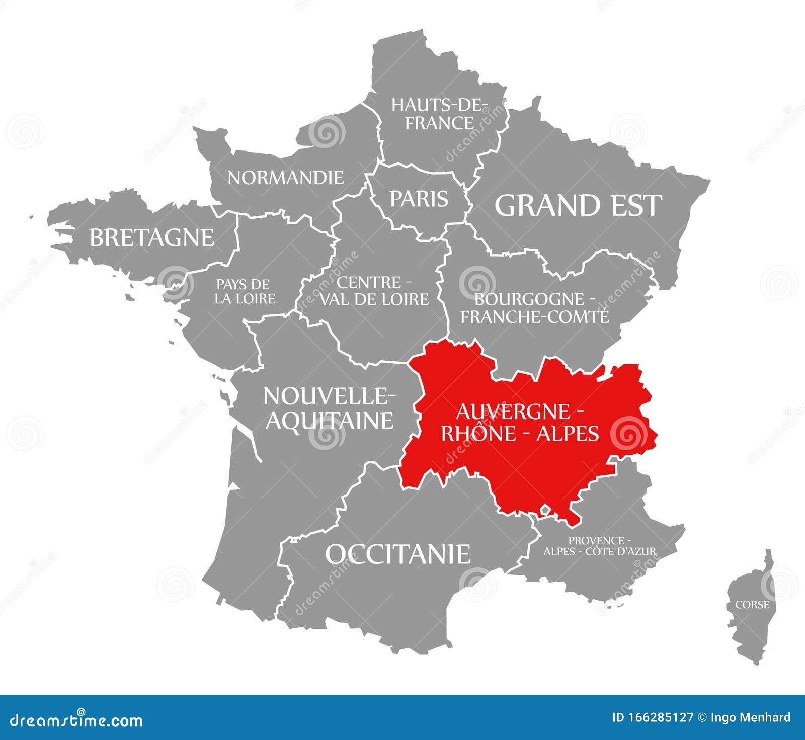 Auvergne - Rhone - Alpes Red Highlighted in Map of France Stock ...