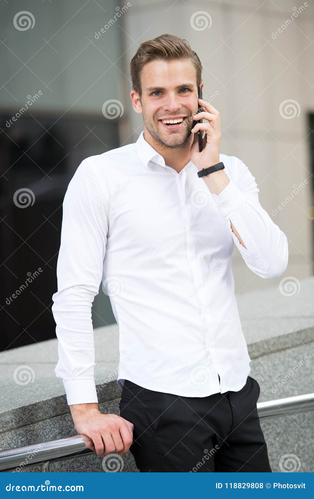 Always Available. Man Well Groomed White Shirt Speak Phone Urban ...