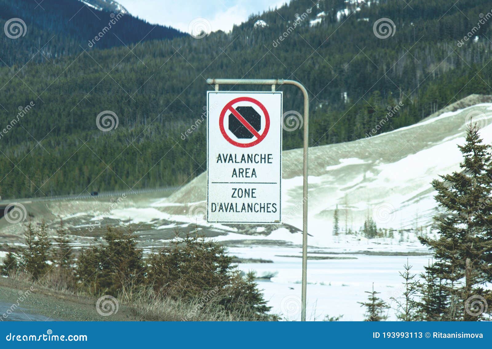 avalanche area sign on trans-canada highway in british columbia