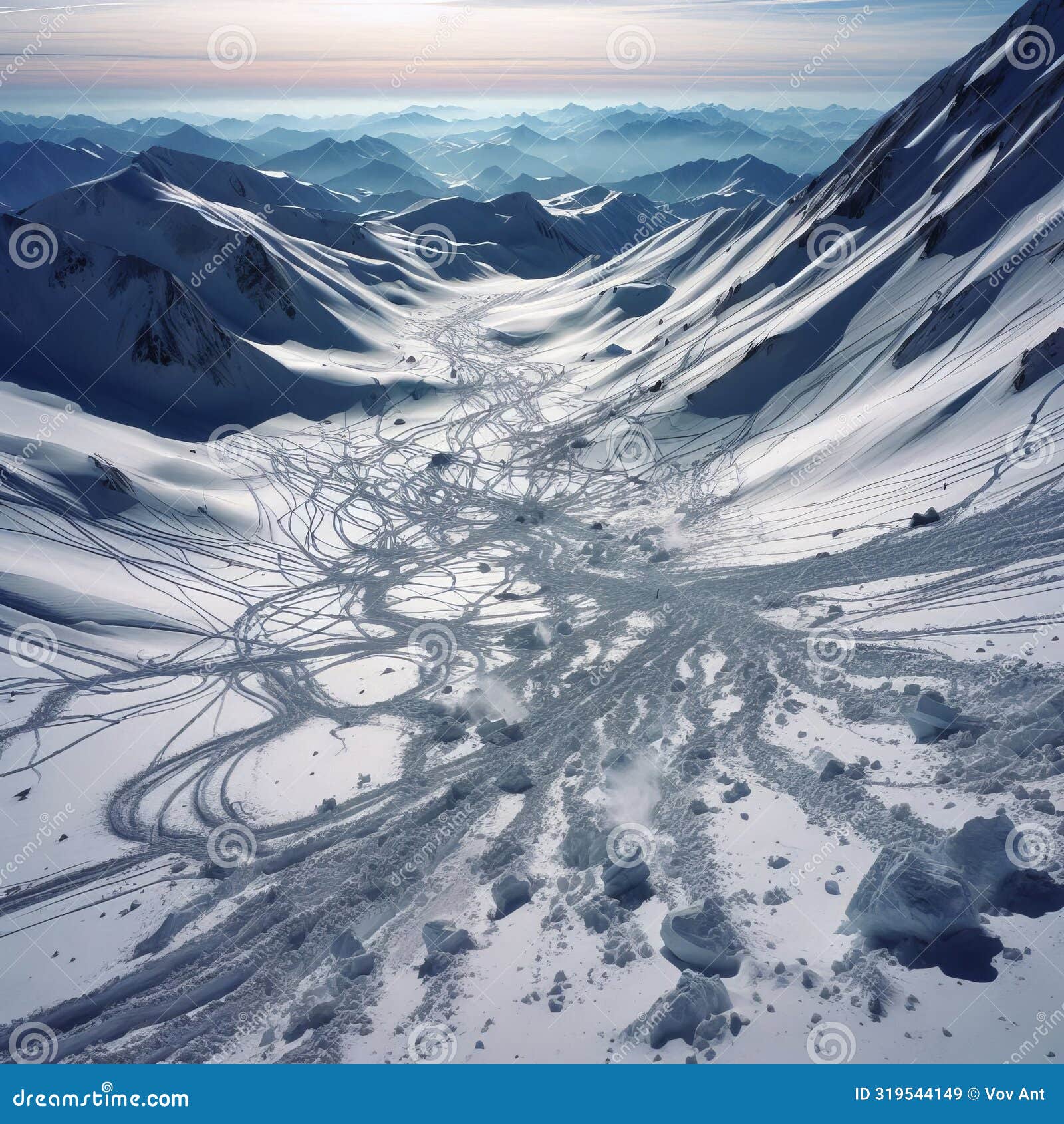 avalanche track marks on the snowy mountain evidence of avlan
