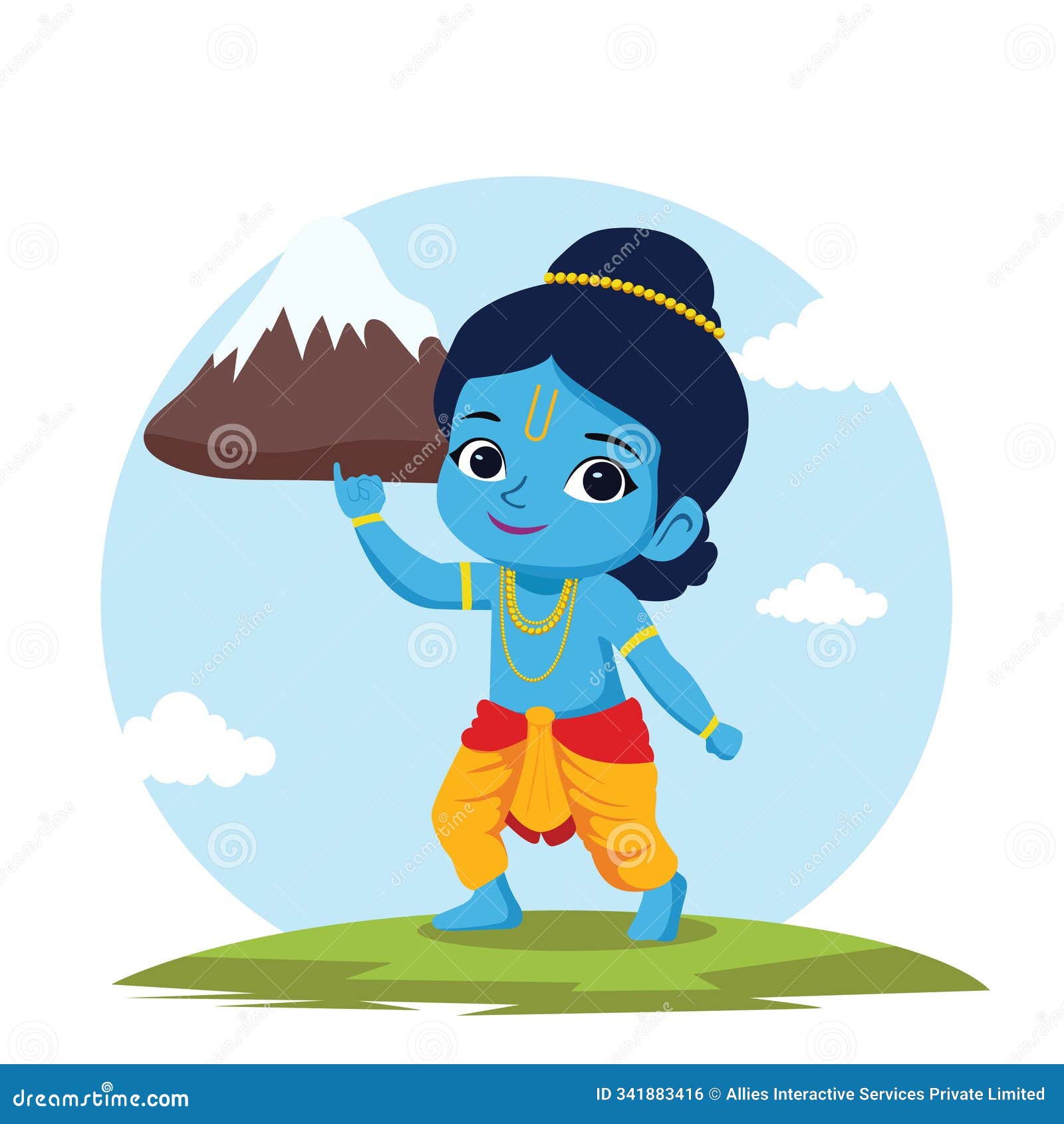 avatar of cute lord krishna lifting govardhan mountain with his little finger on the occasion of govardhan puja after diwali,