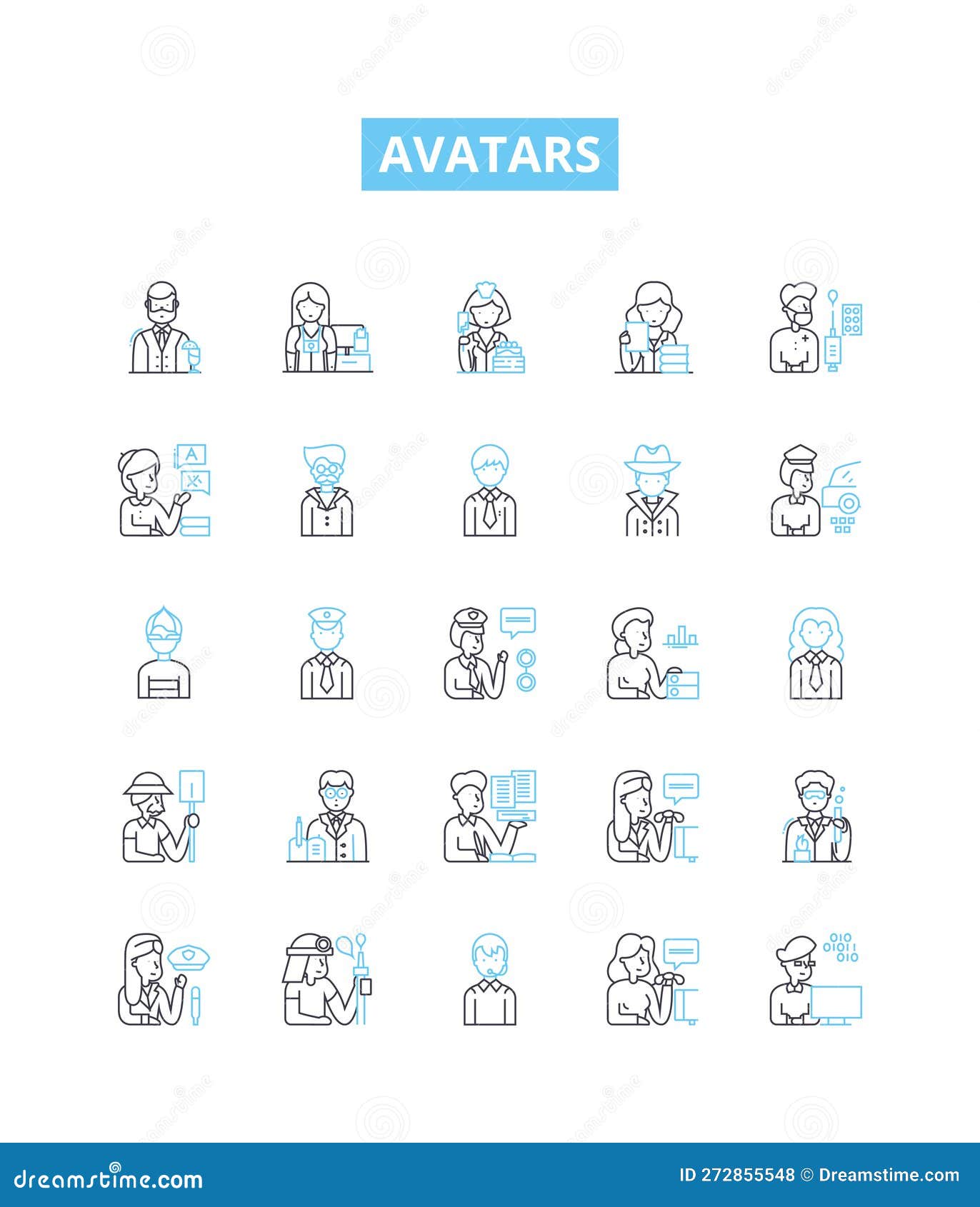 avatars  line icons set. personas, characters, forms, idols, avatars, representations, embodiments 