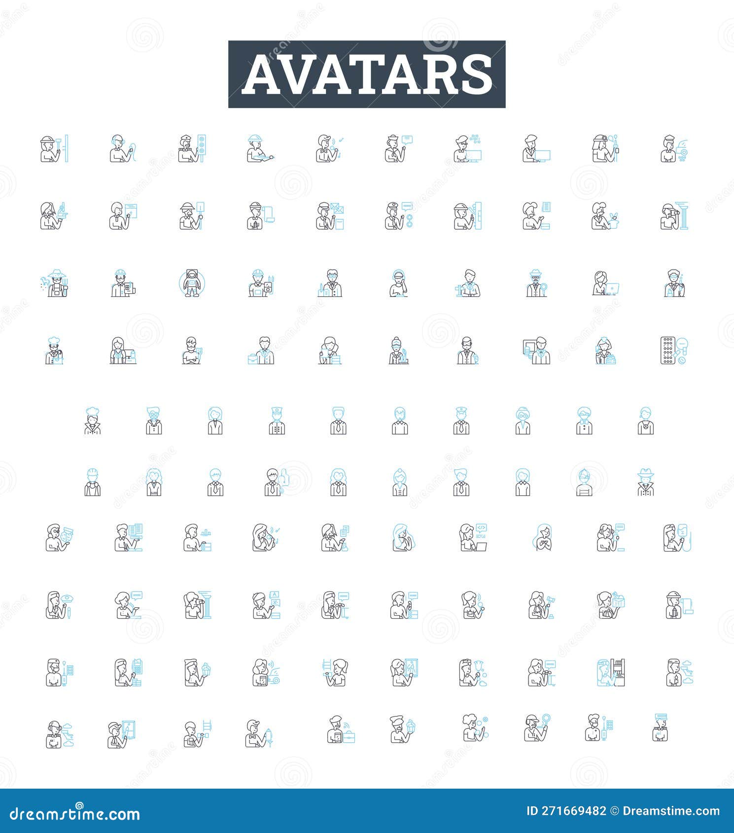 avatars  line icons set. personas, characters, forms, idols, avatars, representations, embodiments 