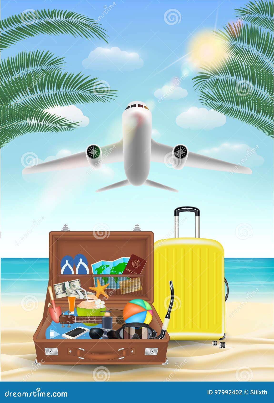 Avión De Aire Que Vuela Al Mar El Objeto Del Viaje De La Playa Ilustración del Vector - de pasaporte, azul: 97992402