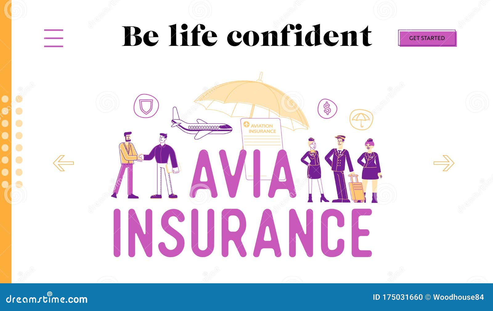 avia insurance landing page template. security and money compensation. agent shaking hand to client, pilot