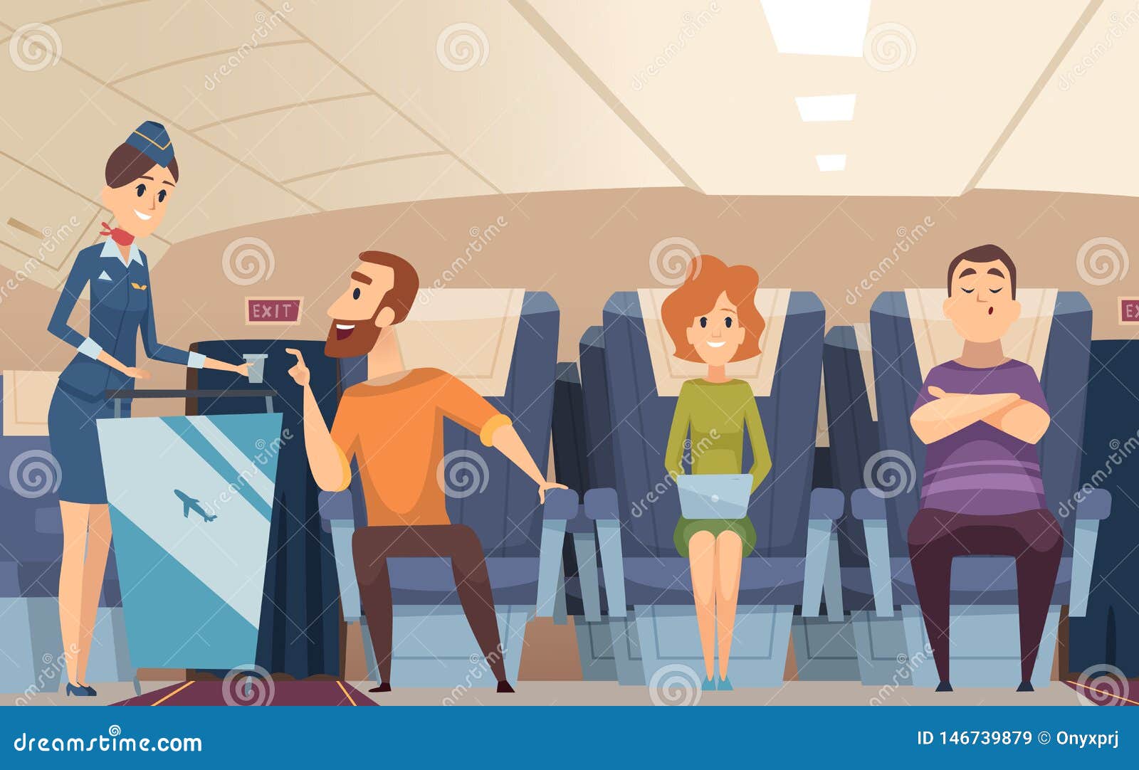 avia passengers. boarding stewardess offers food to sitting man in airplane board  cartoon background