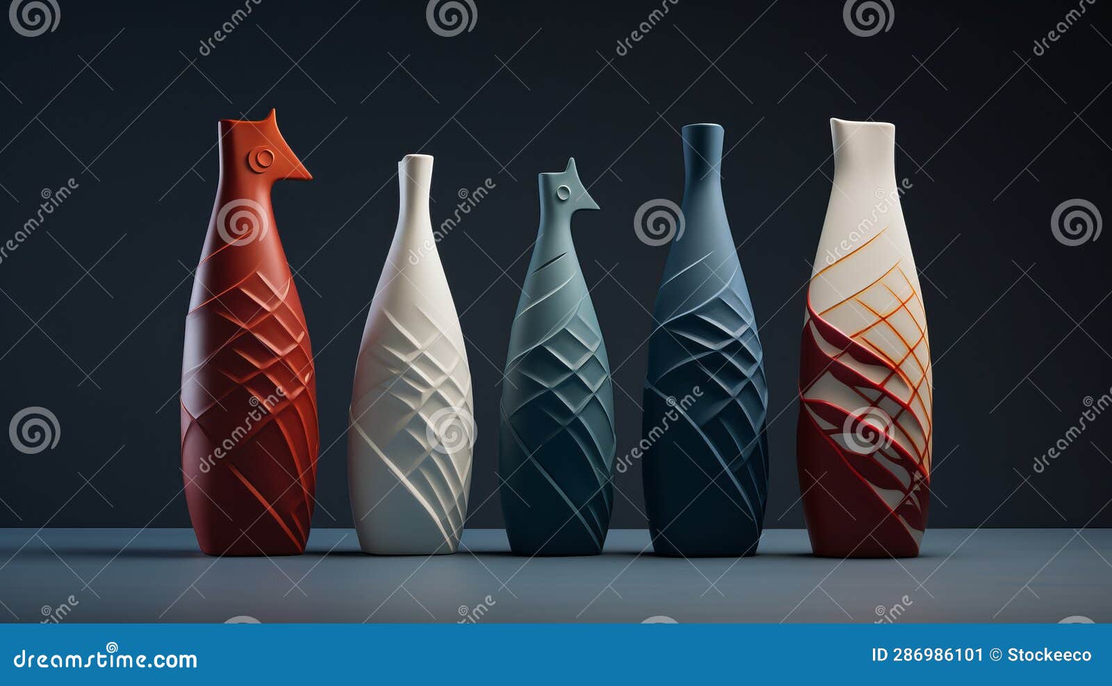 avian-themed clay vases with precisionist lines and s