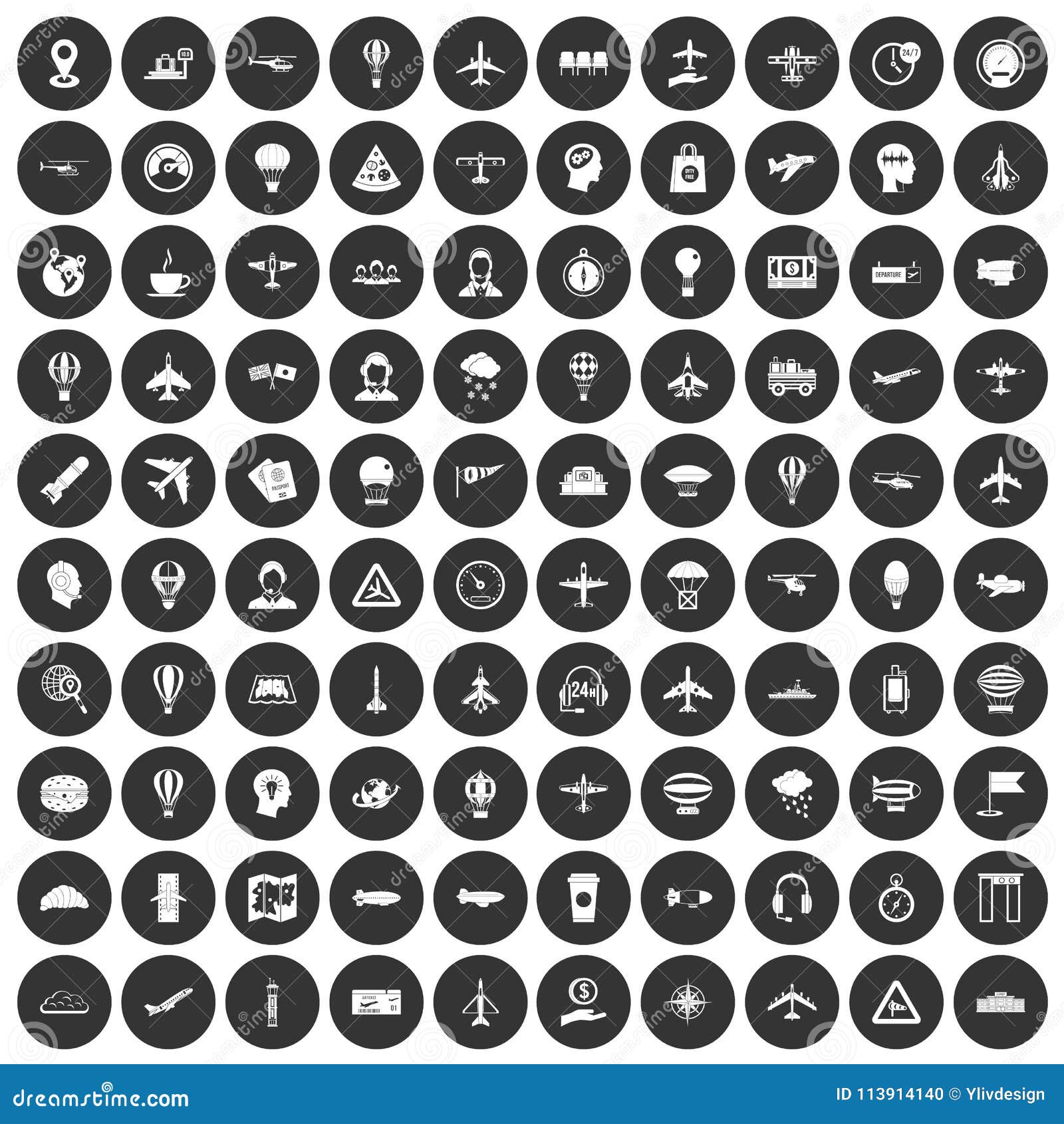 100 aviation icons set black circle