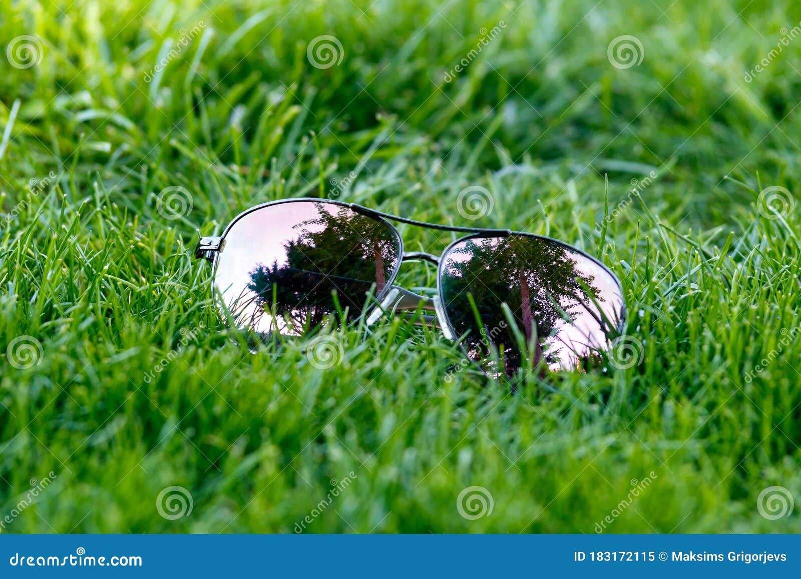 Aviator Sun Glasses on Green Lawn Grass Holiday Concept Stock Image ...