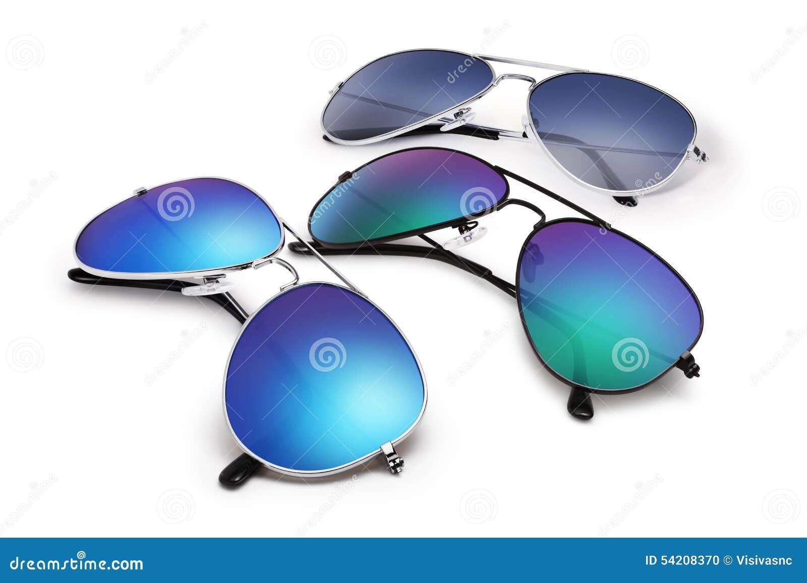 aviator sunglasses  on white background with blue mirror