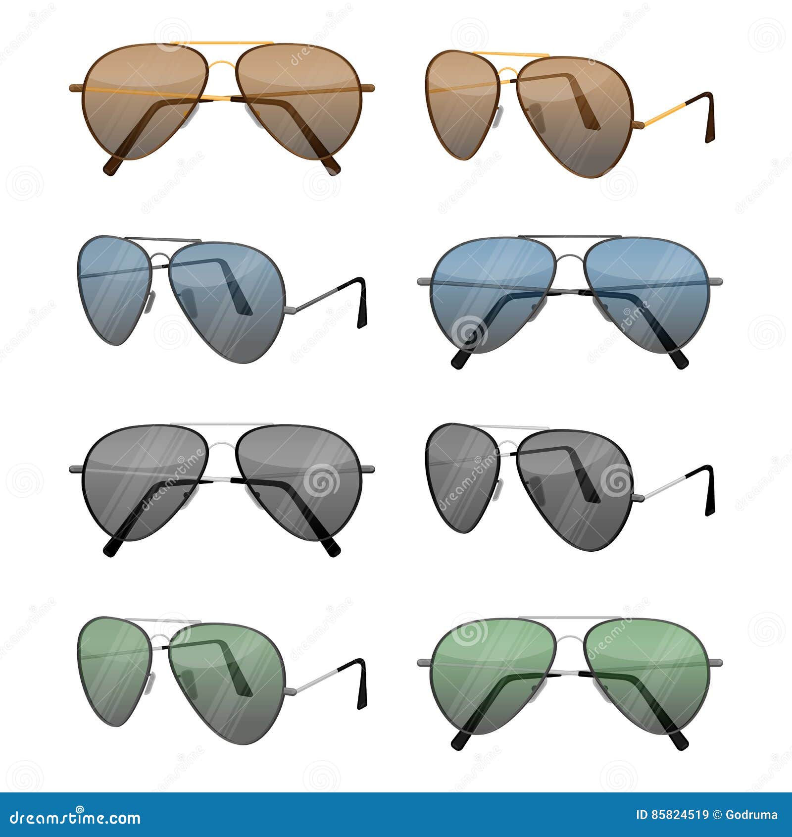 aviator sunglasses  on white. dark brown reflective lense