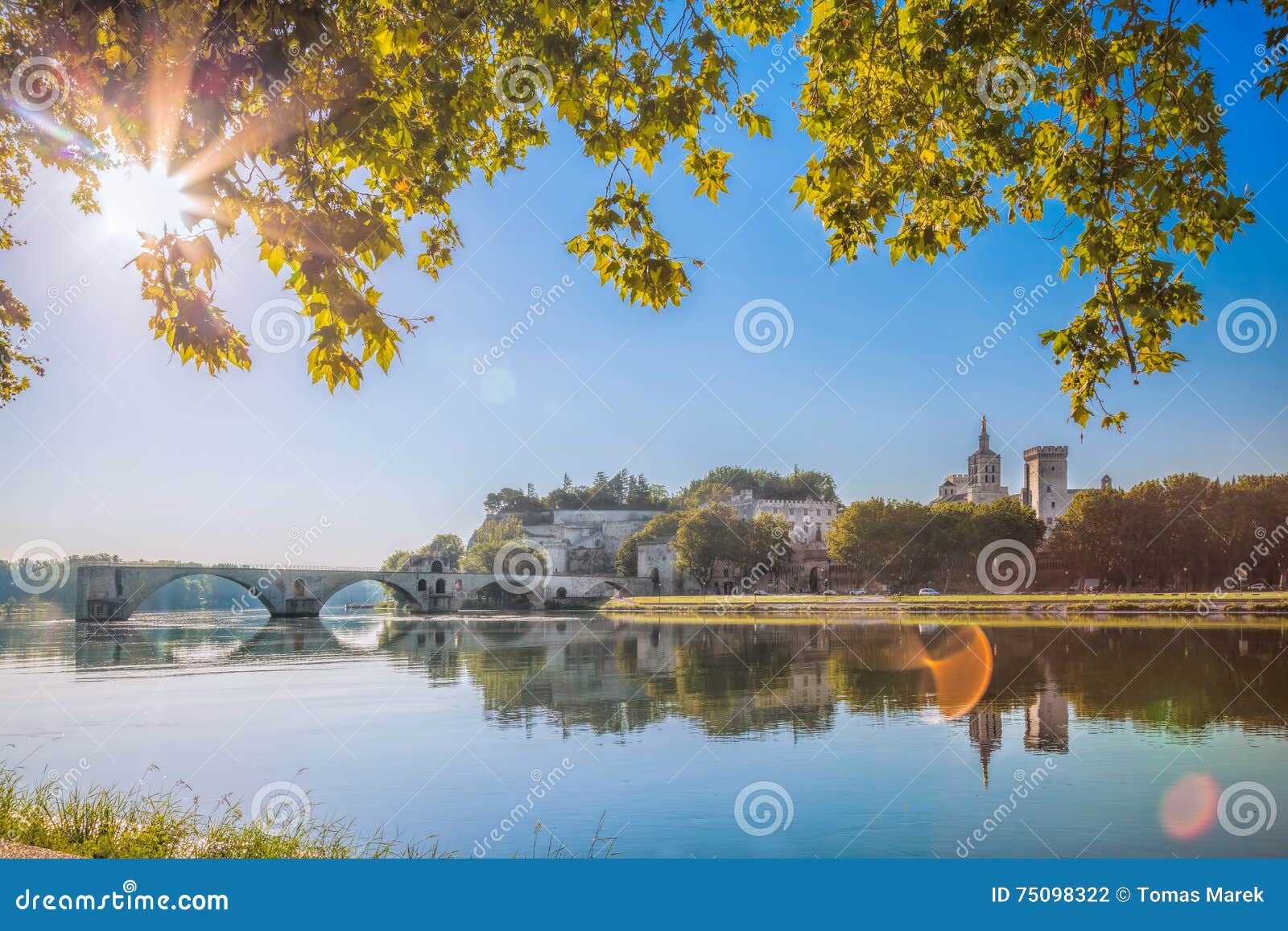 avignon bridge with popes palace in provence, france