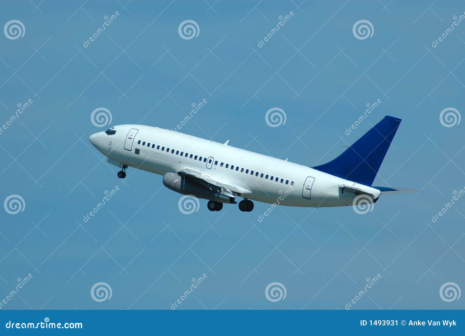 Un avion avec un bon nombre de passagers décollant dans le ciel bleu