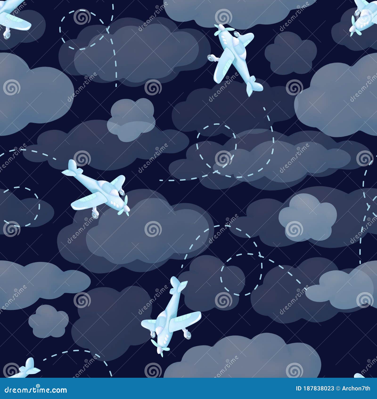 Aviones Que Vuelan Desde Las Nubes Sobre El Cielo Azul Oscuro. Fondo De  Patrón Transparente Stock de ilustración - Ilustración de playroom,  historieta: 187838023