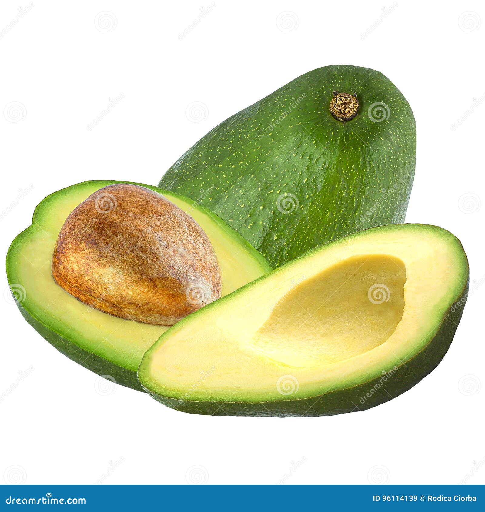 Group of fresh avocados in a green mesh bag isolated on white. One