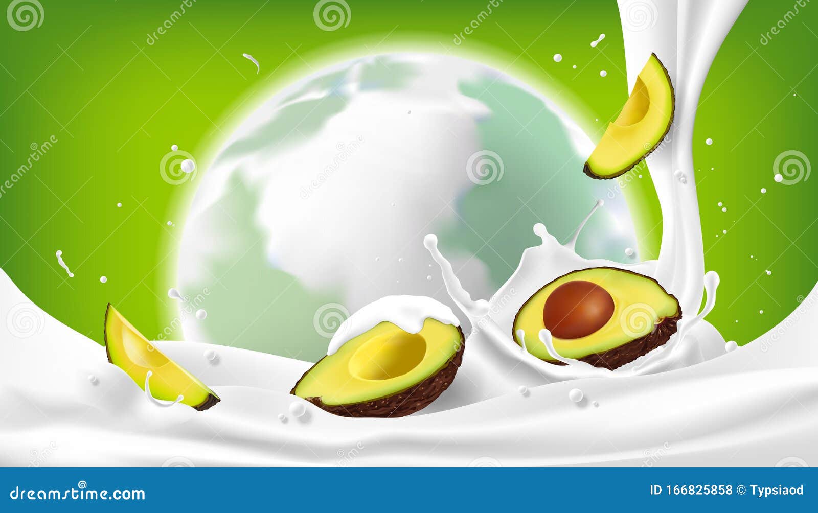 avocado fruit on milk splash.