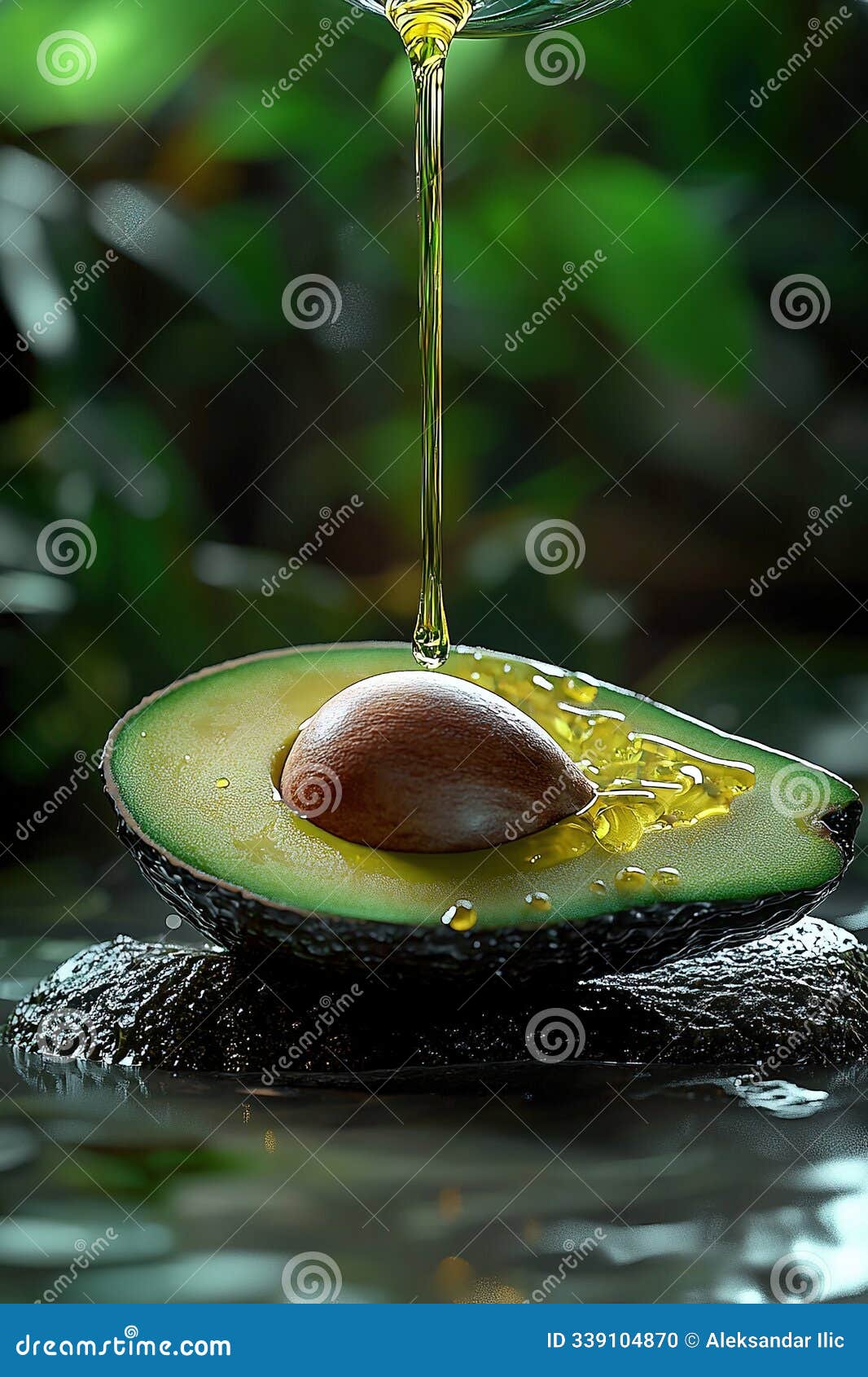 avocado in the jungle resting on arock in the middle of a river. from above oil is being poured over fruit. generative ai