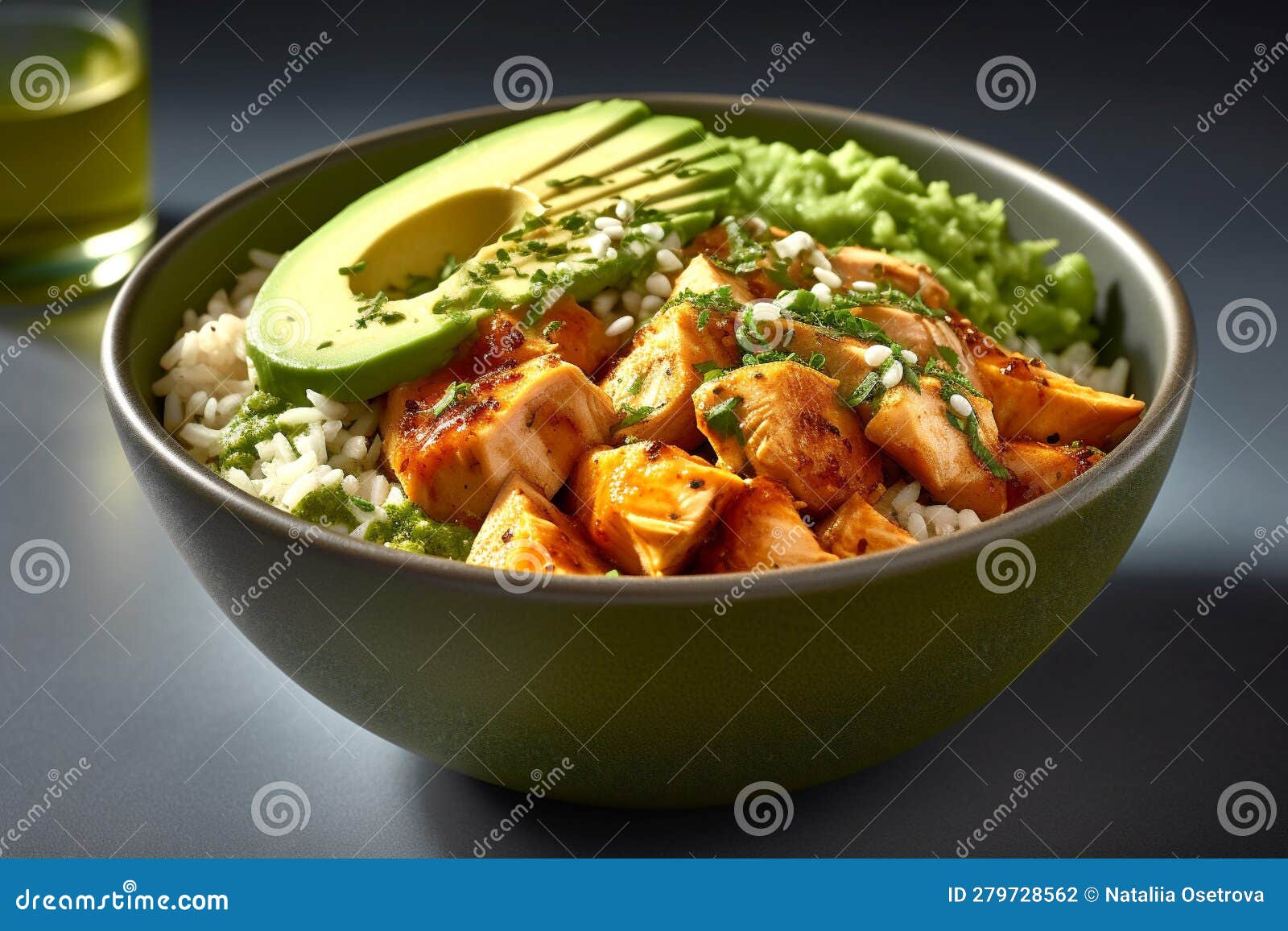 Avocado Mojo Bowls with Sweet Potato and Chicken on Gray Background ...