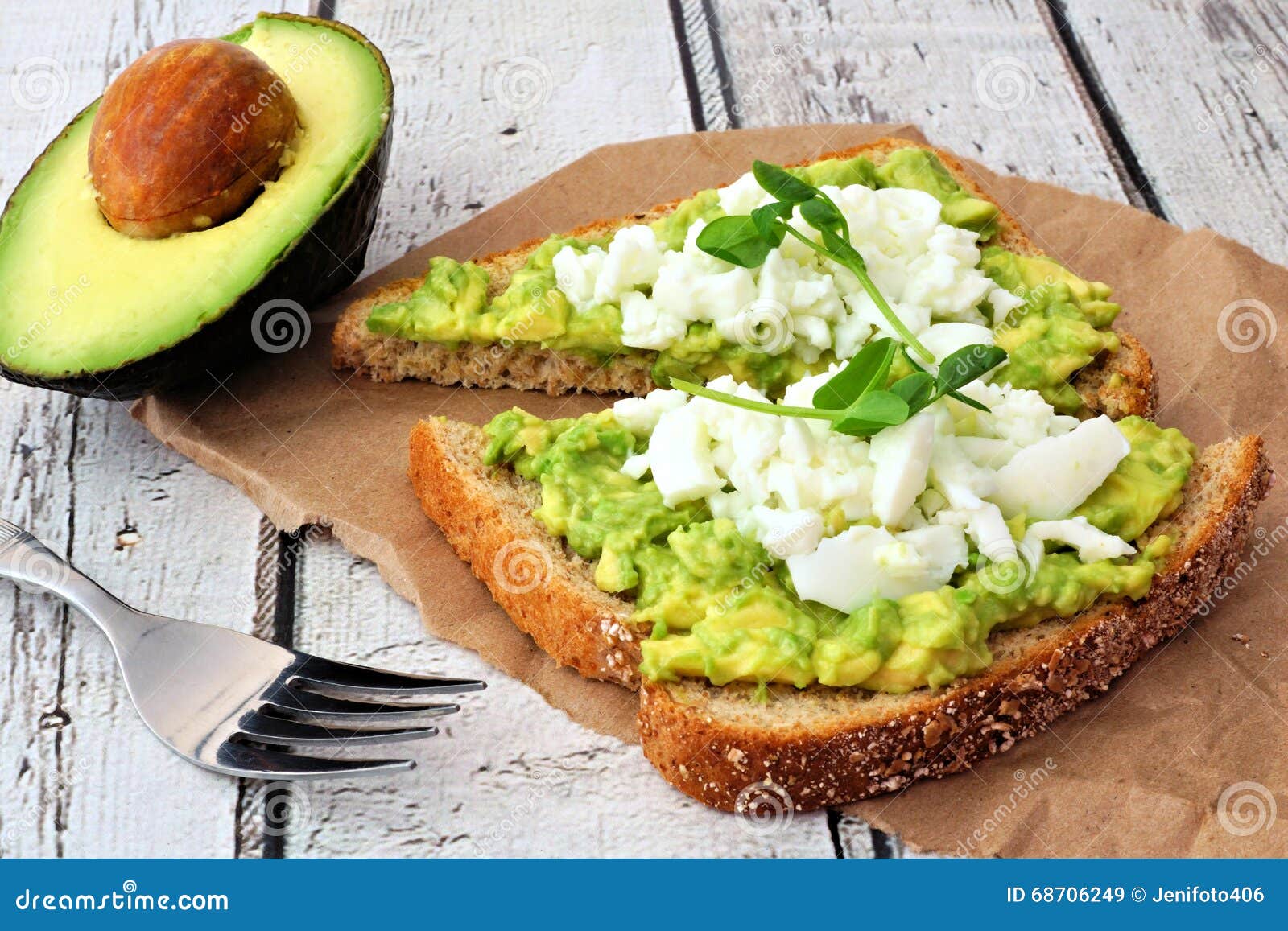 avocado toast with egg whites and pea shoots