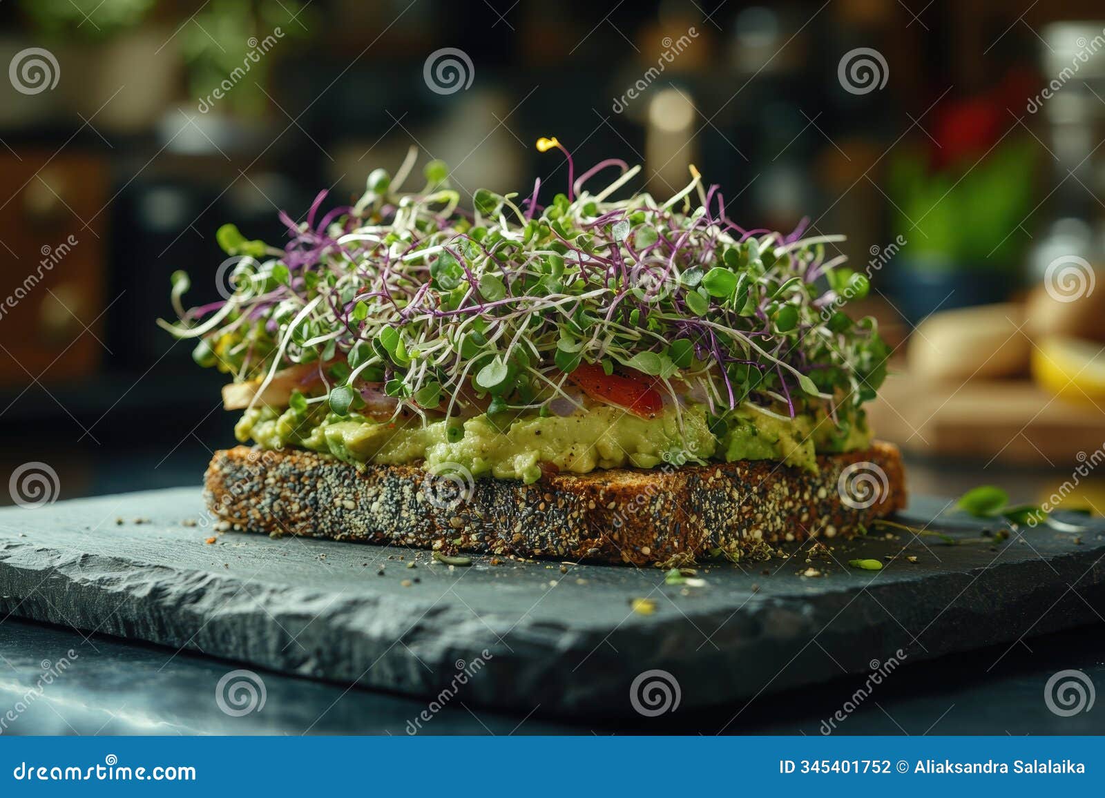 gourmet food presentation, avocado toast with microgreens on a slate platter in a cozy kitchen setting