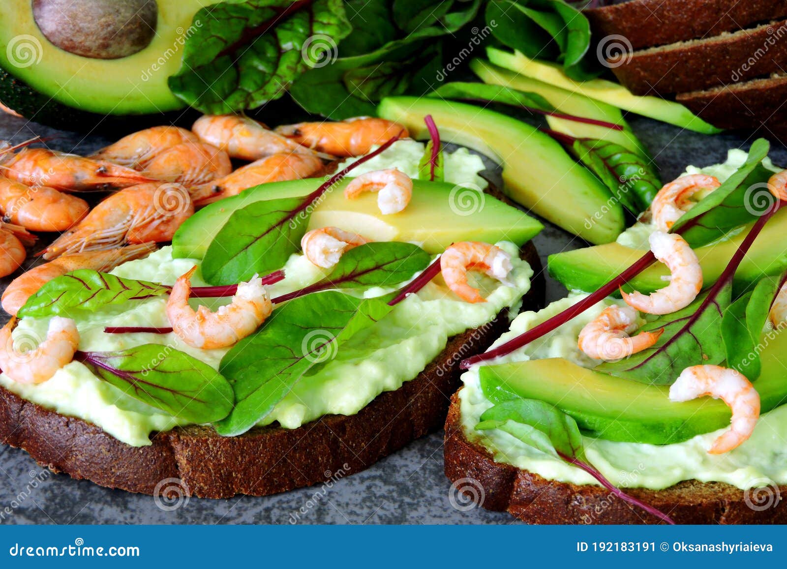 Avocados, Greens, Shrimps. Toast with Avocado Paste and Shrimp. Stock ...