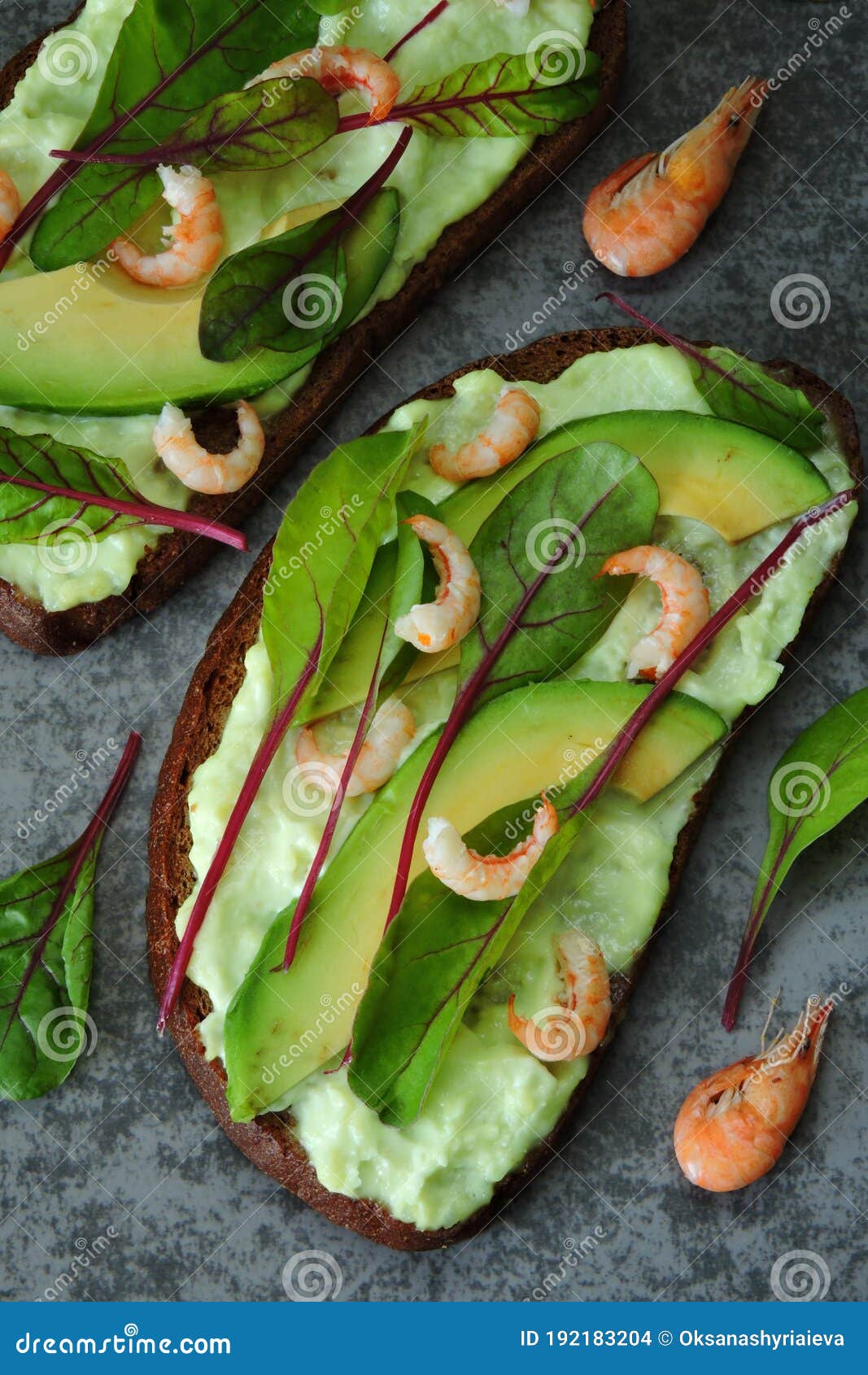 Avocados, Greens, Shrimps. Toast with Avocado Paste and Shrimp. Stock ...