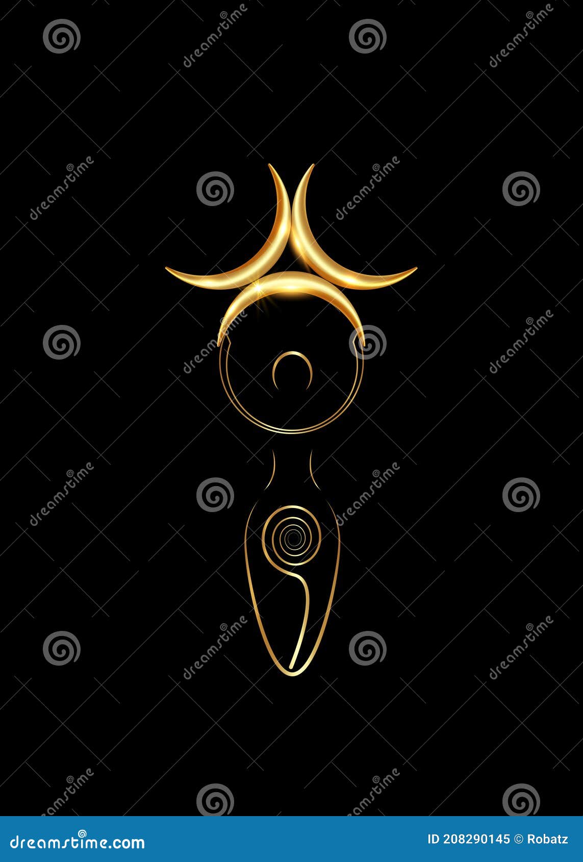 gold spiral goddess of fertility and triple moon wiccan. the spiral cycle of life, death and rebirth. golden woman wicca mother